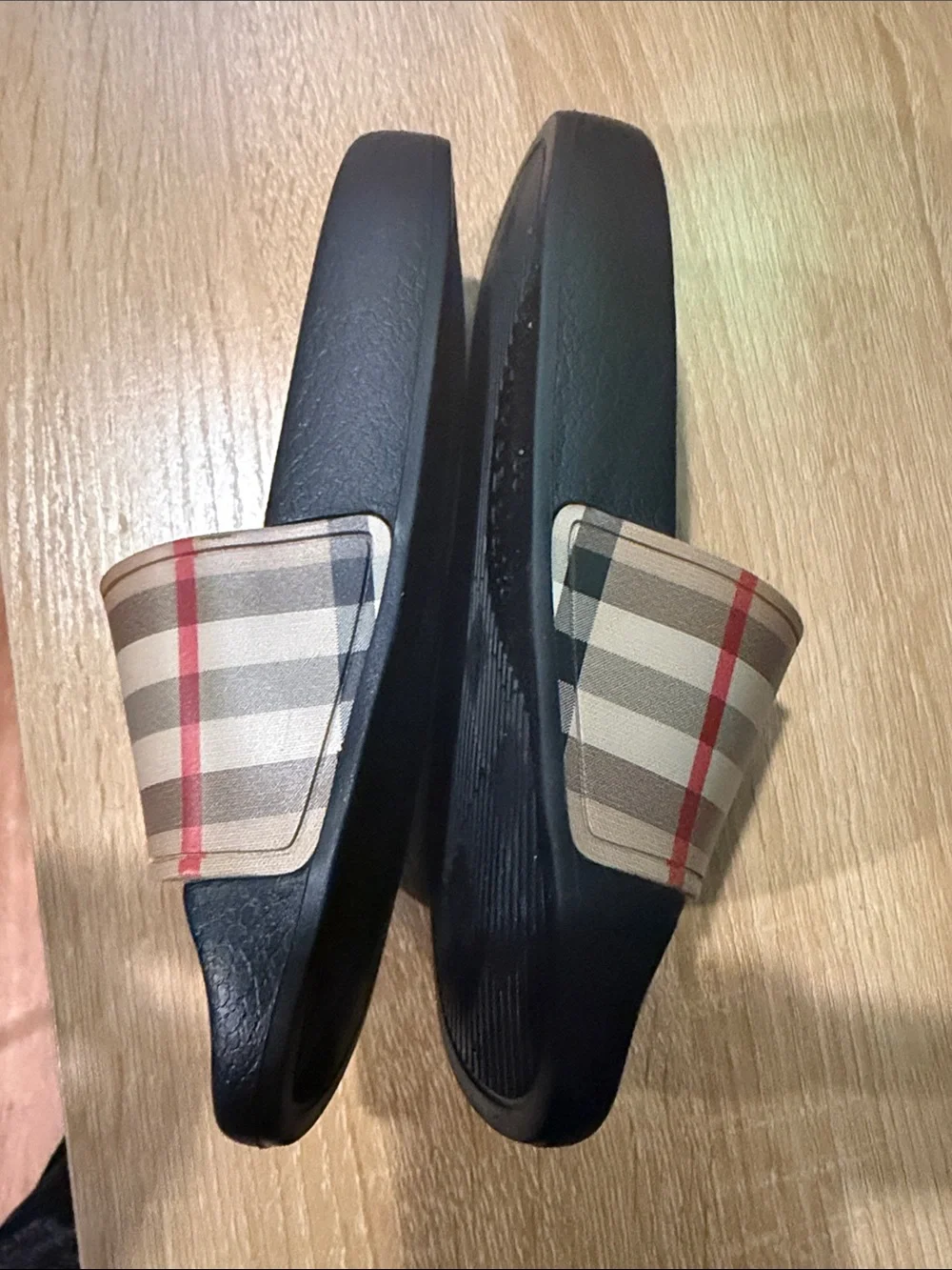 Burberry Black Slides with Signature Beige Check Strap